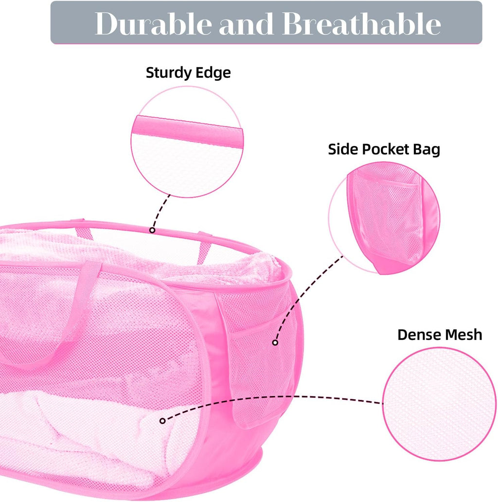 4 Pcs Durable Collapsible Laundry Baskets, Foldable Large Opening Pop Up Laundry Hamper with Pocket, Clothes Hamper with Handles for Laundry, Bathroom, Kids Room, Dorm or Travel Pink
