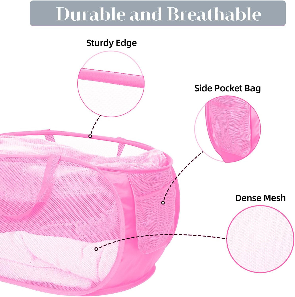 4 Pcs Durable Collapsible Laundry Baskets, Foldable Large Opening Pop Up Laundry Hamper with Pocket, Clothes Hamper with Handles for Laundry, Bathroom, Kids Room, Dorm or Travel Pink