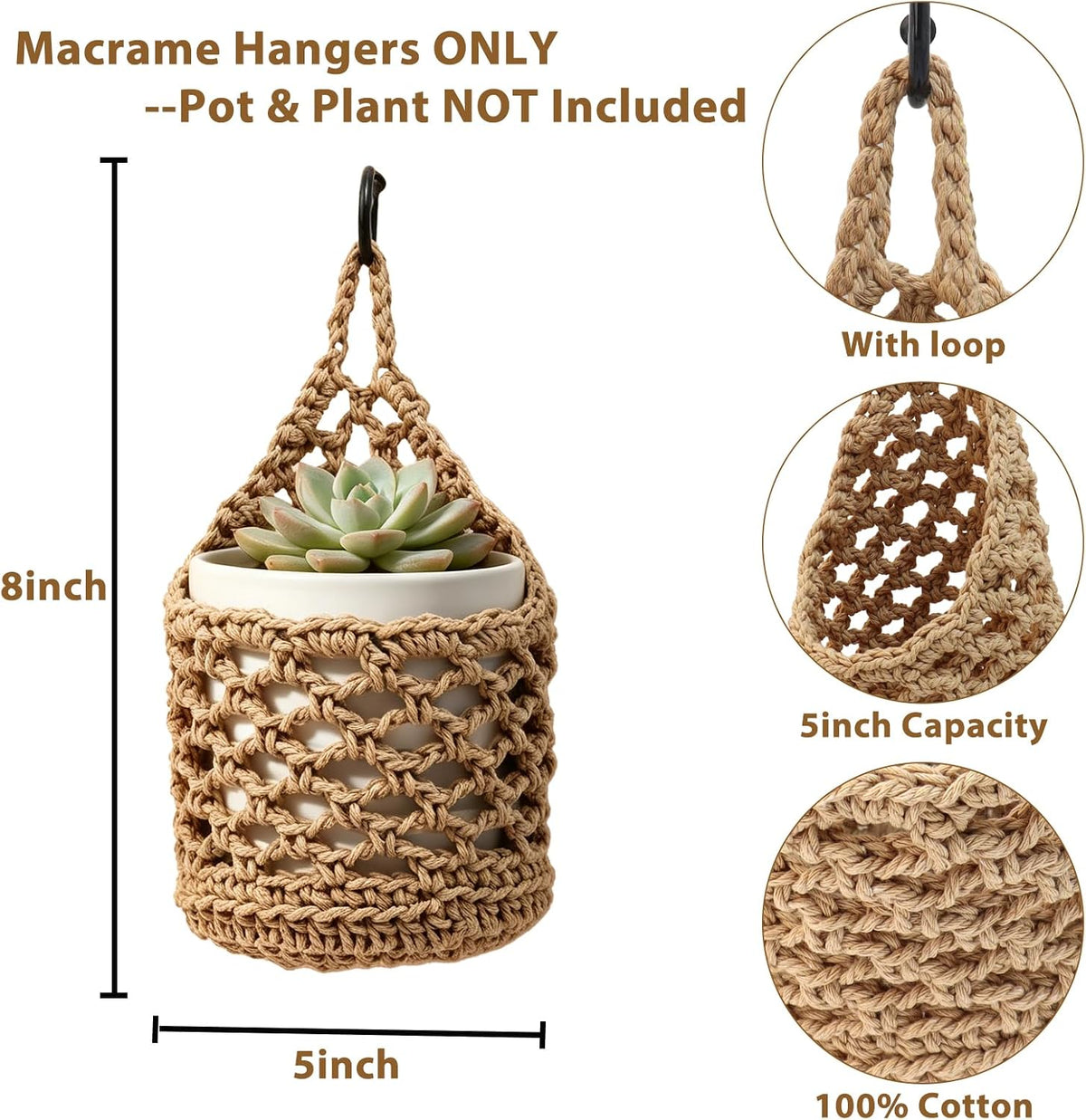 4-Pack 5-Inch Macrame Wall Plant Hangers Fits 4–5" Pots Up to 5" Tal, Natural Cotton Hanging Planter Baskets for Indoor Plants, Boho-Style Woven Plant Baskets for Walls