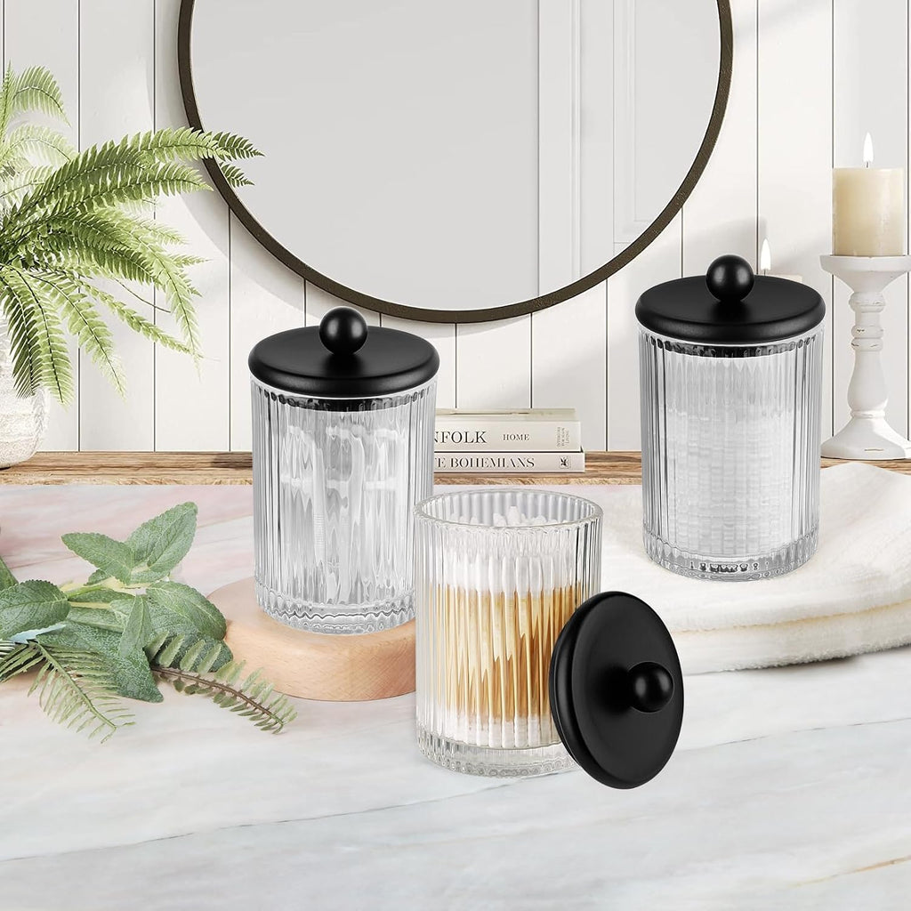 3 Pack Glass Qtip Holder Dispenser Set with Matte Black Metal Lid