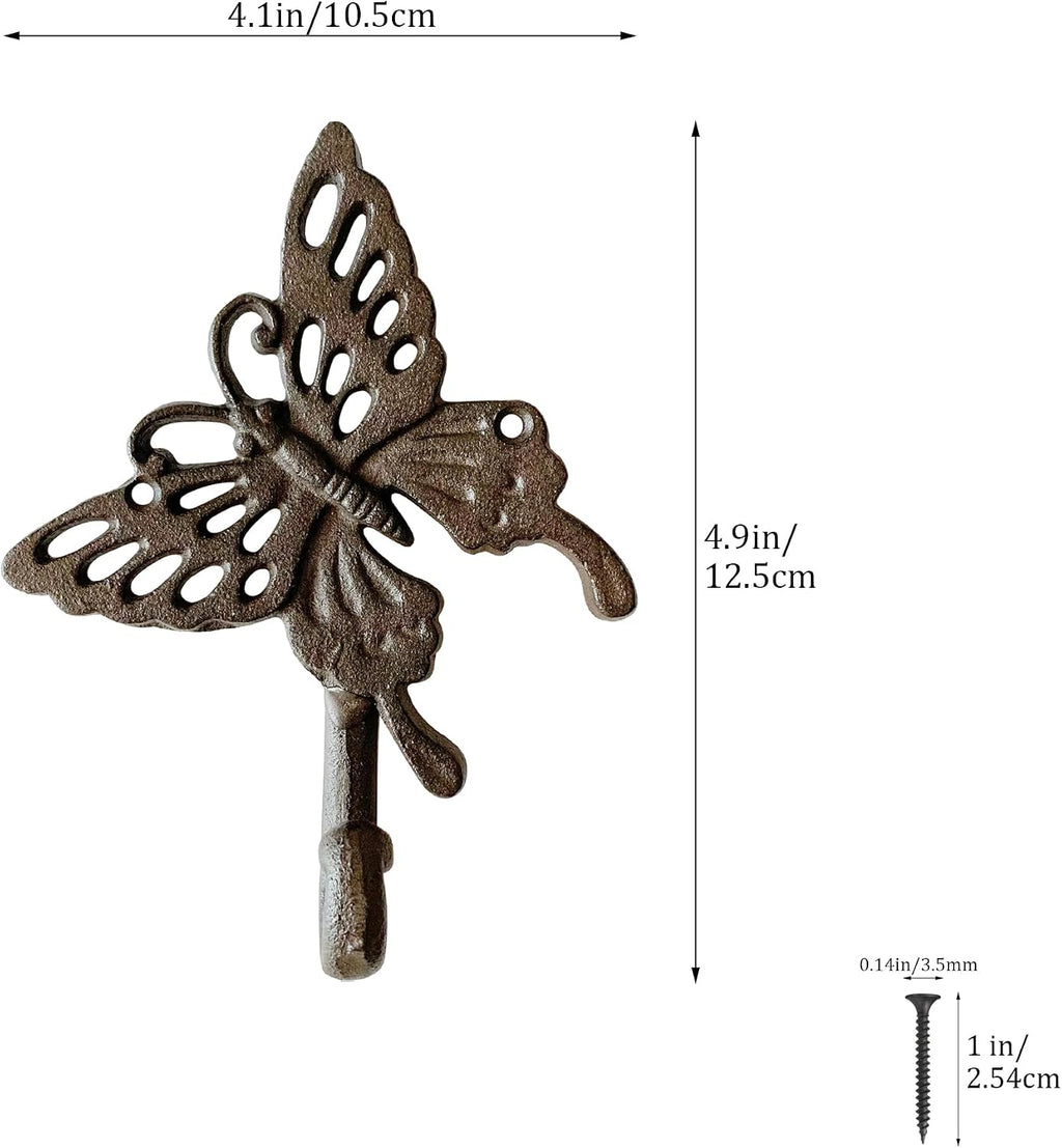 Rustic Butterfly-Shaped Decorative Wall Hook Rack Hangers for Hanging Clothes, Coats, Towels, Keys, and Hats, 2-Pack Antique Cast Iron Mounted Wall Hooks