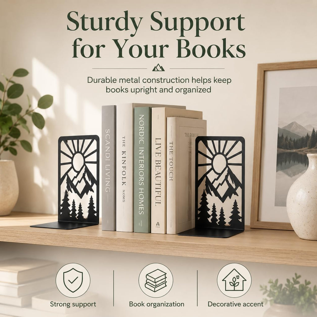 Mountain and Forest Sunrise Bookends, Set of 2 (1 Pair), Matte Black Metal Book Ends for Shelves, Bookshelf, Desk and Home Library Decor