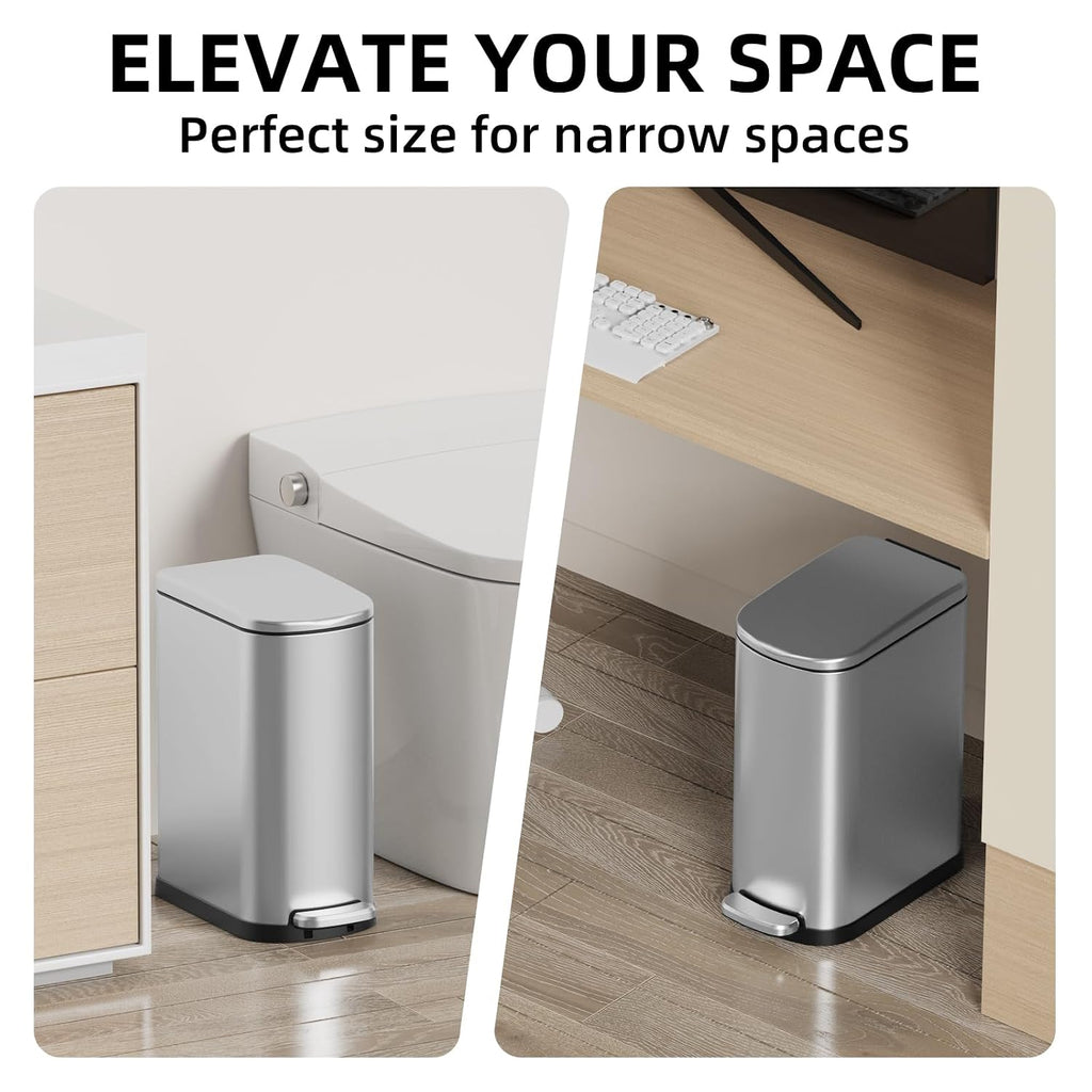 2.6 Gal Bathroom Trash Can with Soft Close Stay Open Lid, Small Rectangular 10L Stainless Steel Waste bin for Narrow Space, Waterproof, Matte Silver