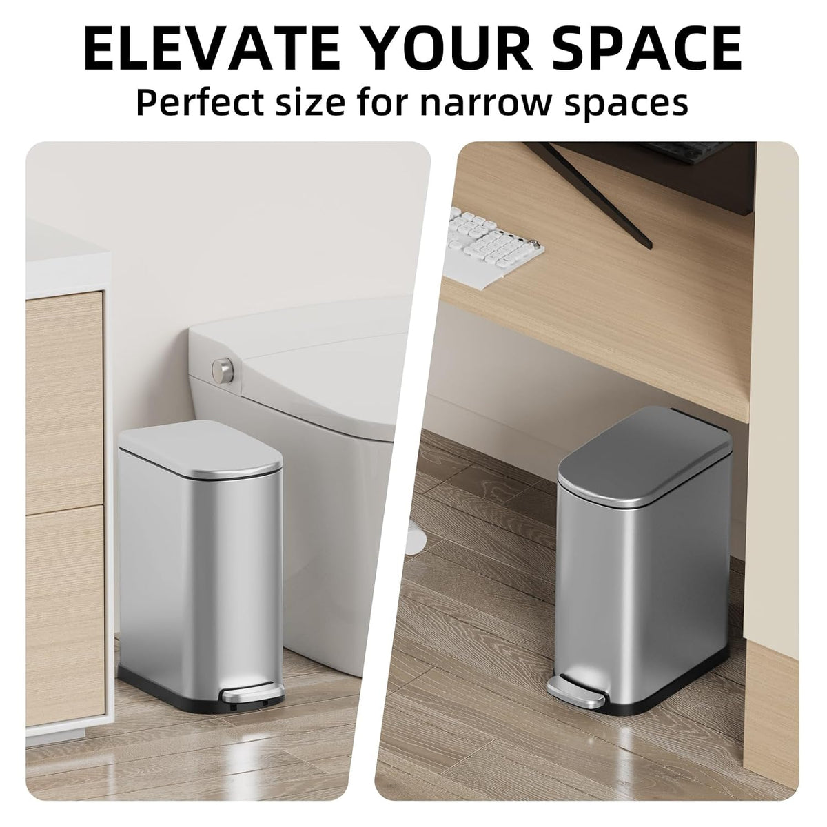 2.6 Gal Bathroom Trash Can with Soft Close Stay Open Lid, Small Rectangular 10L Stainless Steel Waste bin for Narrow Space, Waterproof, Matte Silver