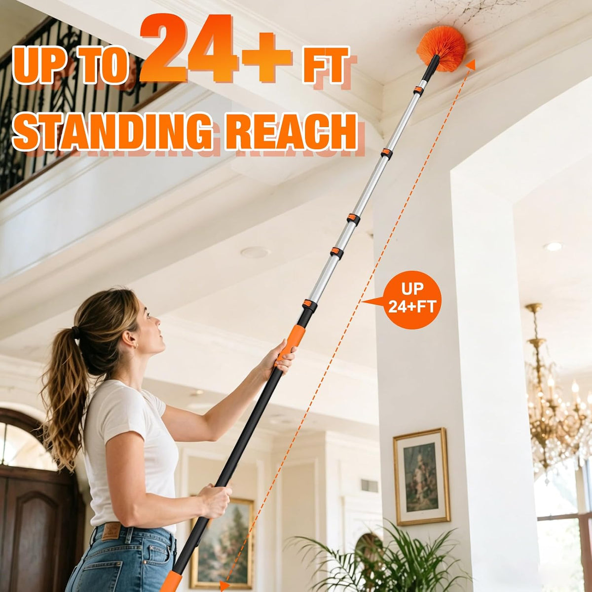 LAANPOLE 24FT Cobweb Duster with Extension Pole, Spider Web Brush for Cleaning Extendable, Professional Ceiling and Corner Dusters for Outdoor Indoor Use