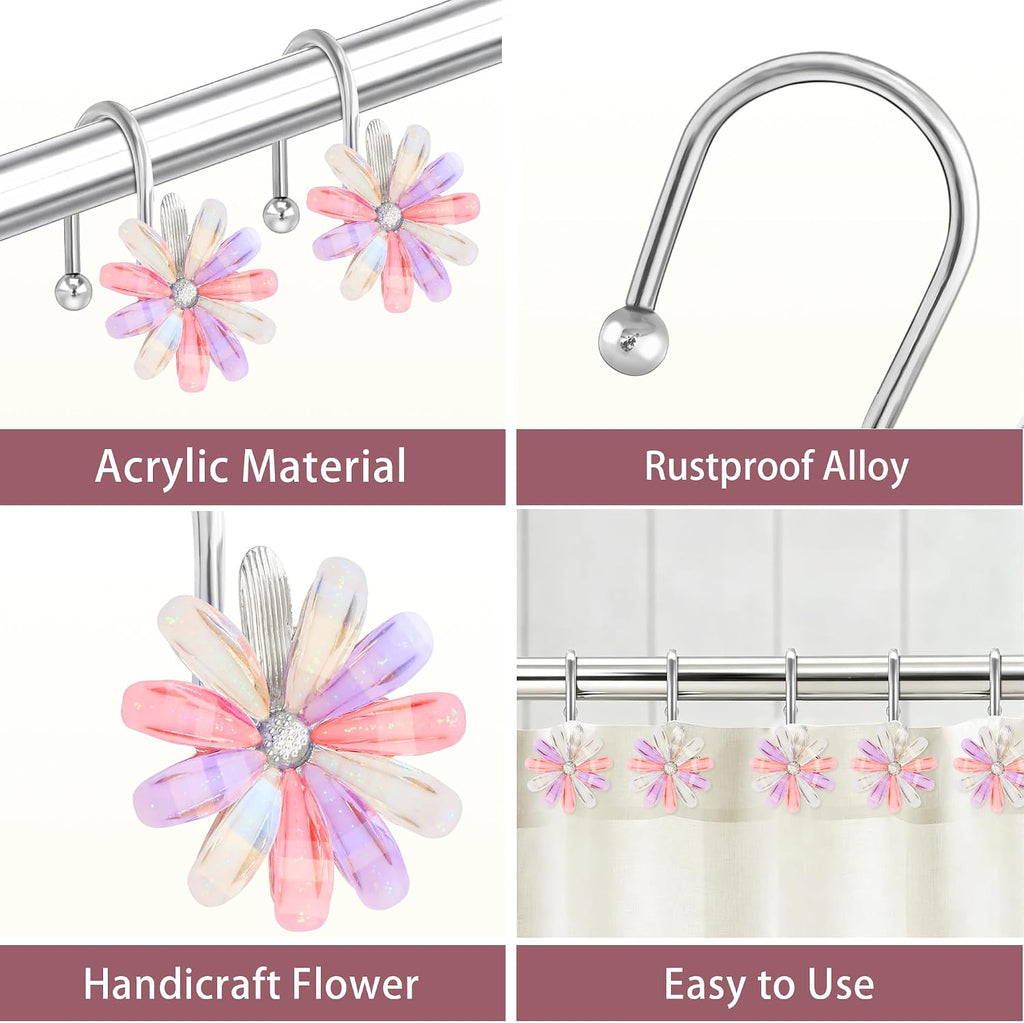 Shower Curtain Hooks, Rust Resistant Cute Daisy Metal Decorative Shower Rings Hangers Set of 12 for Bathroom Curtains,Clothing, Towels (Silver Multicolor)