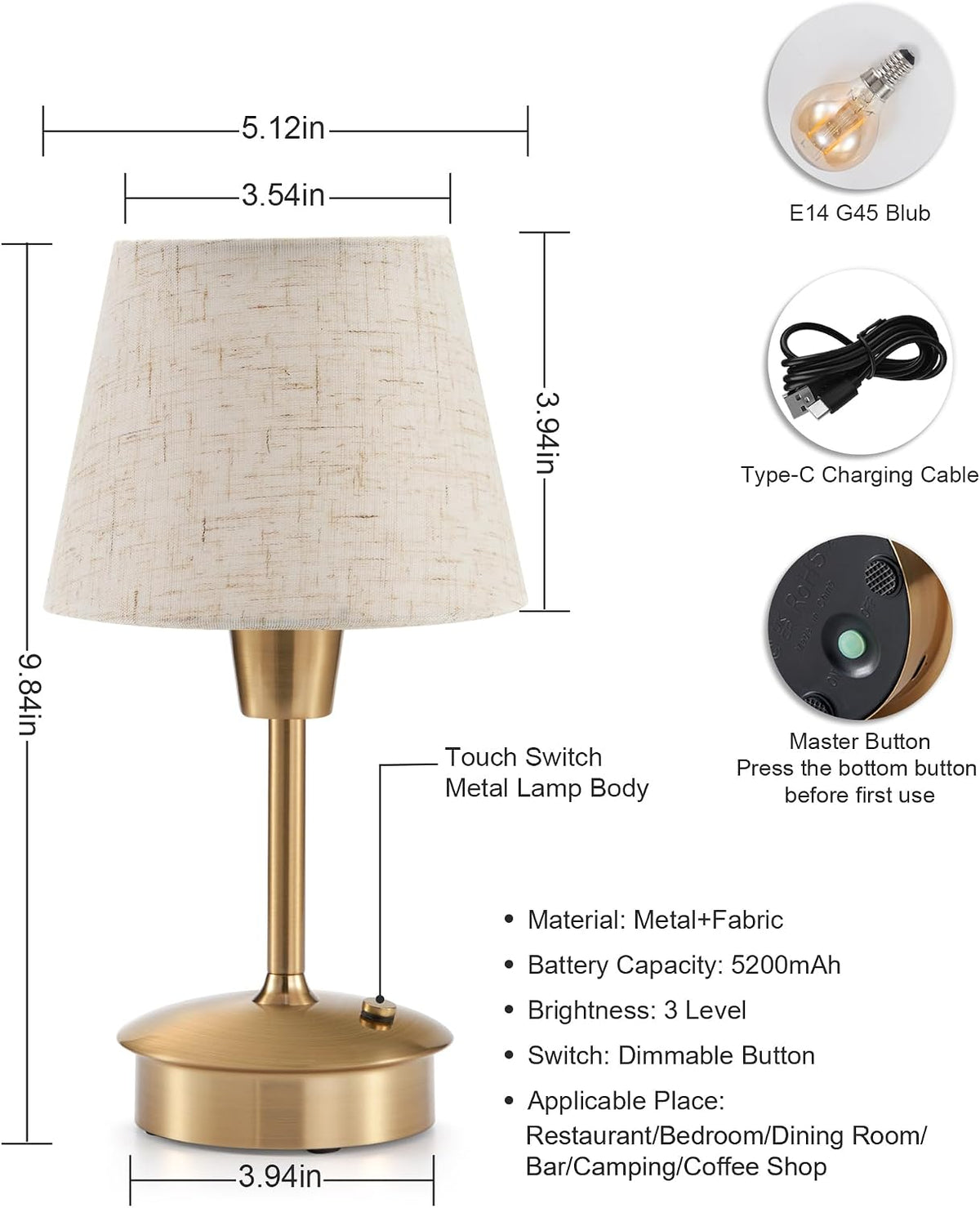 Small Rechargeable Cordless Table Lamp for Restaurant Dining Table
