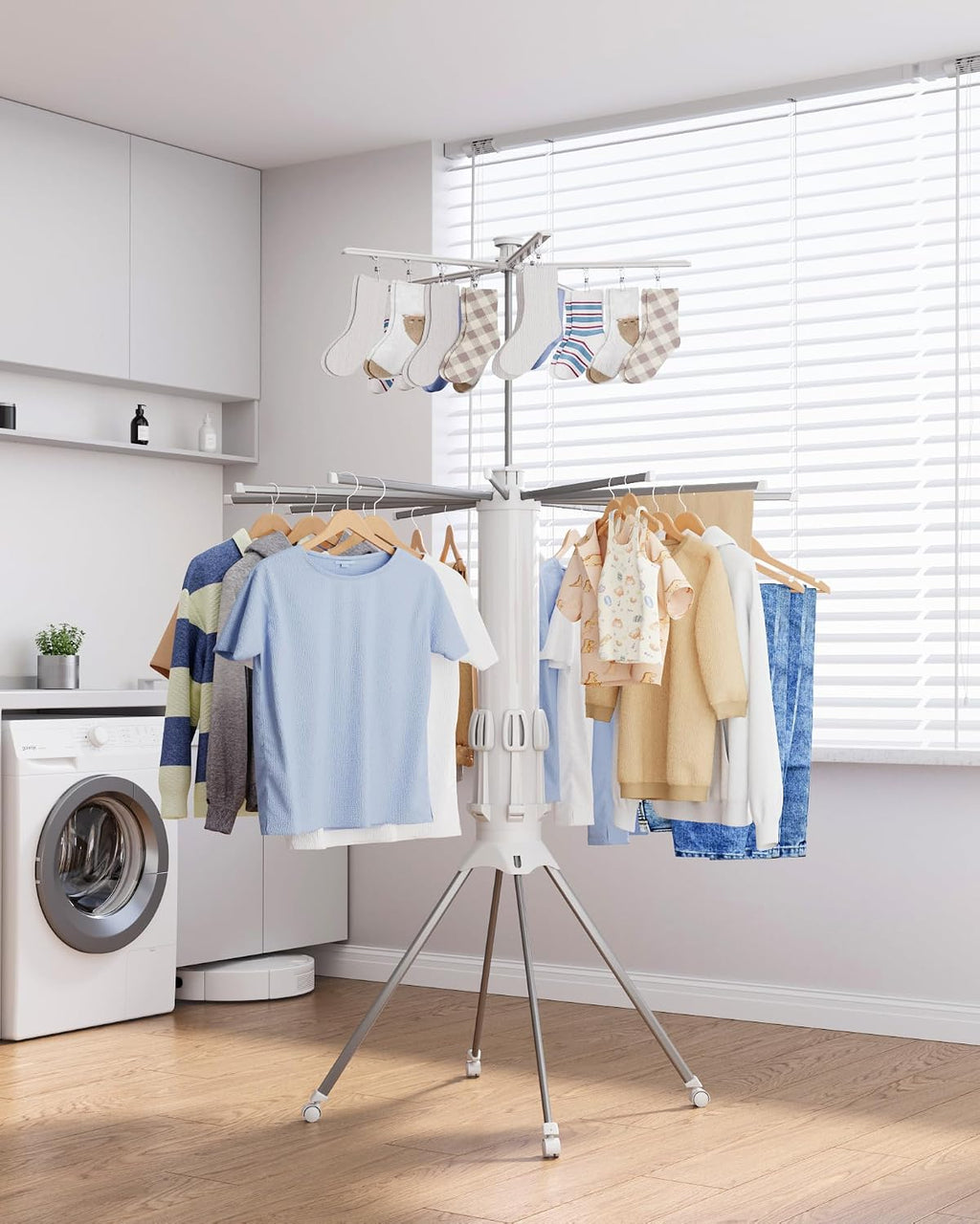 Sakugi Foldable Clothes Drying Rack, 12 Steel Arms, Silent Wheels, 71" H