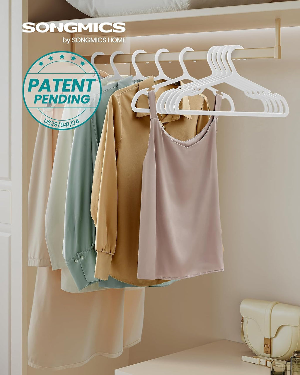 SONGMICS Clothes Hangers, Pack of 50, Plastic Hangers, with Wide Shoulder Notches, Space-Saving Coat Hangers, 16.4 Inches Wide, for Closet, Cloud White UCRP010W01