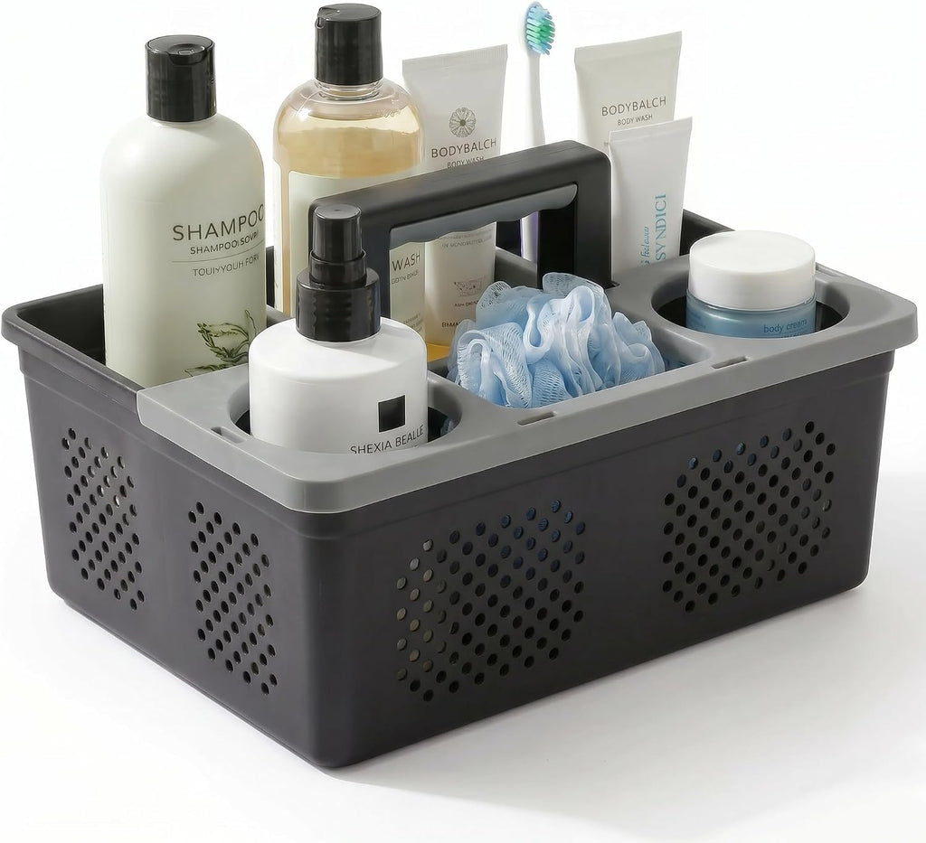KMV Portable Shower Caddy Dorm: Features handles and adjustable compartments，Ventilation and Drainage Hole Design Cleaning Basket，ideal for toiletries， Essential for college dorms-black
