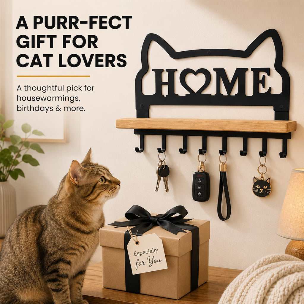 Cat Key Holder for Wall. Decorative Floating Wooden Shelf with 8 Metal Hooks, Wall Storage Rack for Entryway Hallway, Gift for Cat Lovers