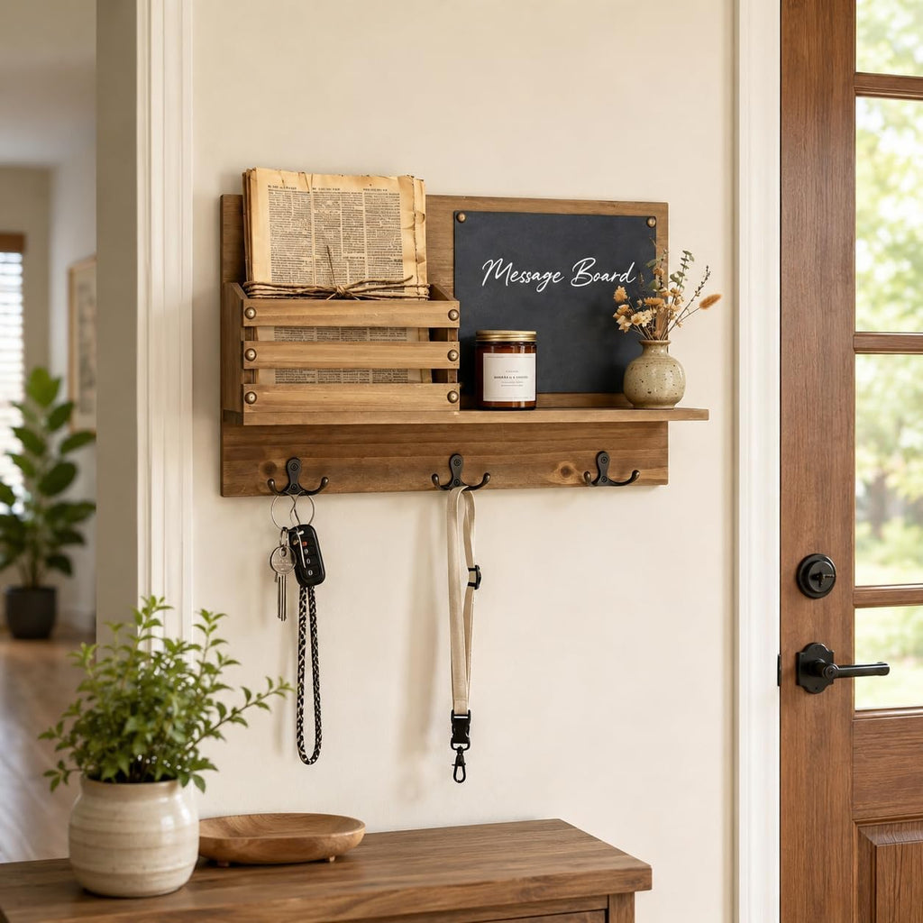 Key Holder for Wall, Mail Organizer Wall Mount, Chalkboard & 3 Double Hooks