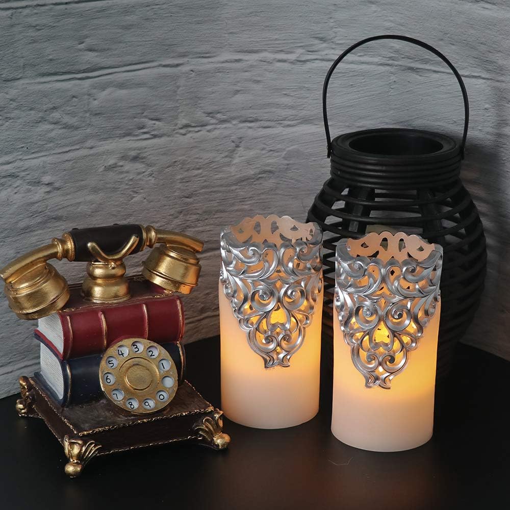 Silver Flameless LED Pillar Candles Battery Operated with 5H Timer