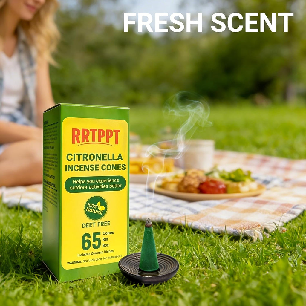 Citronella Incense Cones with Ceramic Dishes | Made with Plant-Based Ingredients | Citronella | Lemongrass Oil | Rosemary Oil | Suitable for Indoor and Outdoor Use (65 Cones)