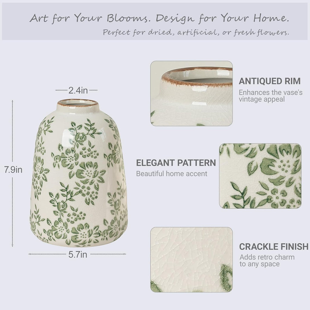 Chinoiserie Green Ceramic Vase Vintage Flower Vase, 7.9in