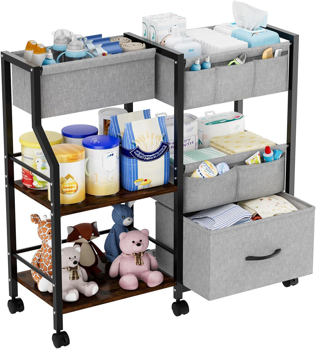 Baby Diaper Caddy Organizer and Storage, 3 Tier Rolling Cart with Dividers and Drawers, Mobile Utility Cart with Wheels for Nursery, Bedroom, Baby Newborn Essentials Storage Cart, Black