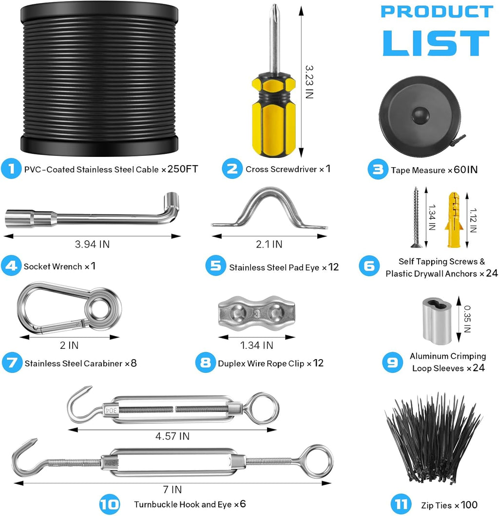 NEREUS String Light Hanging Kit with 250FT Black Vinyl Coated Wire Rope