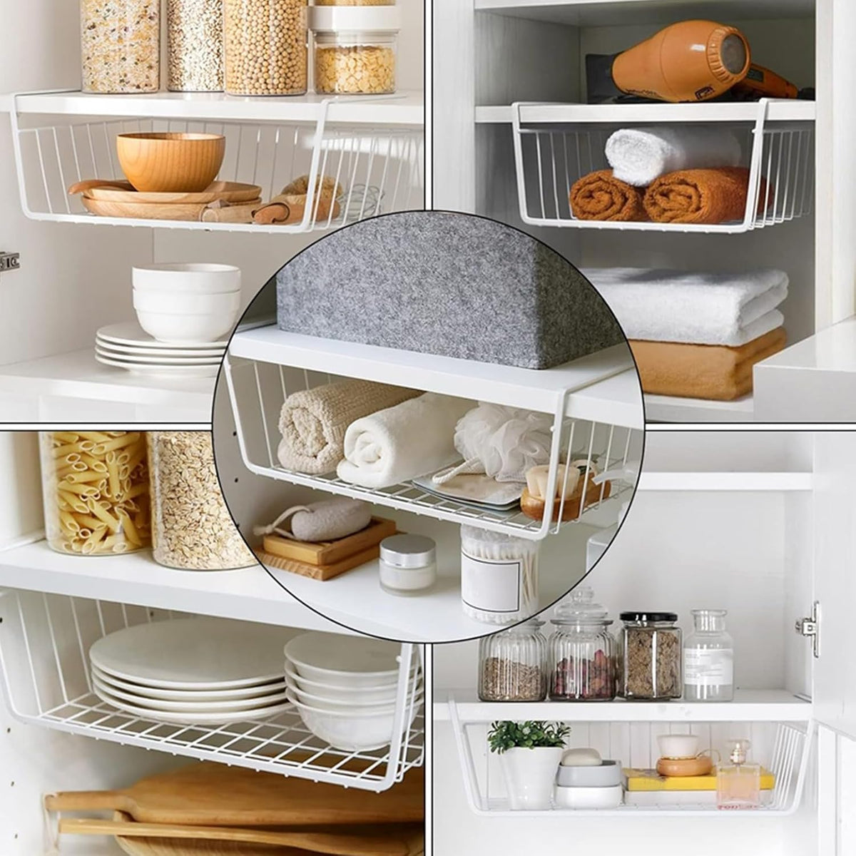 Tebery 4 Pack White Under Shelf Wire Basket Hanging Storage Baskets, Under Cabinet Add-on Storage Racks Slide-in Baskets Organizer for Kitchen Pantry Desk Bookshelf