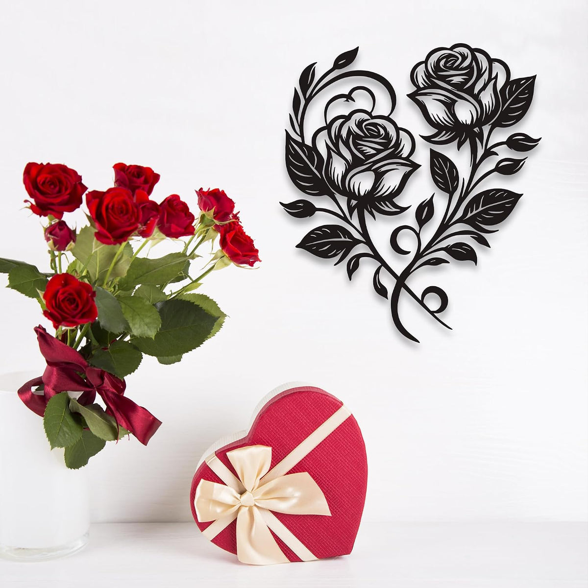 YATEASLU Metal Rose Heart Wall Decor, Black, 12.6x11 Inch