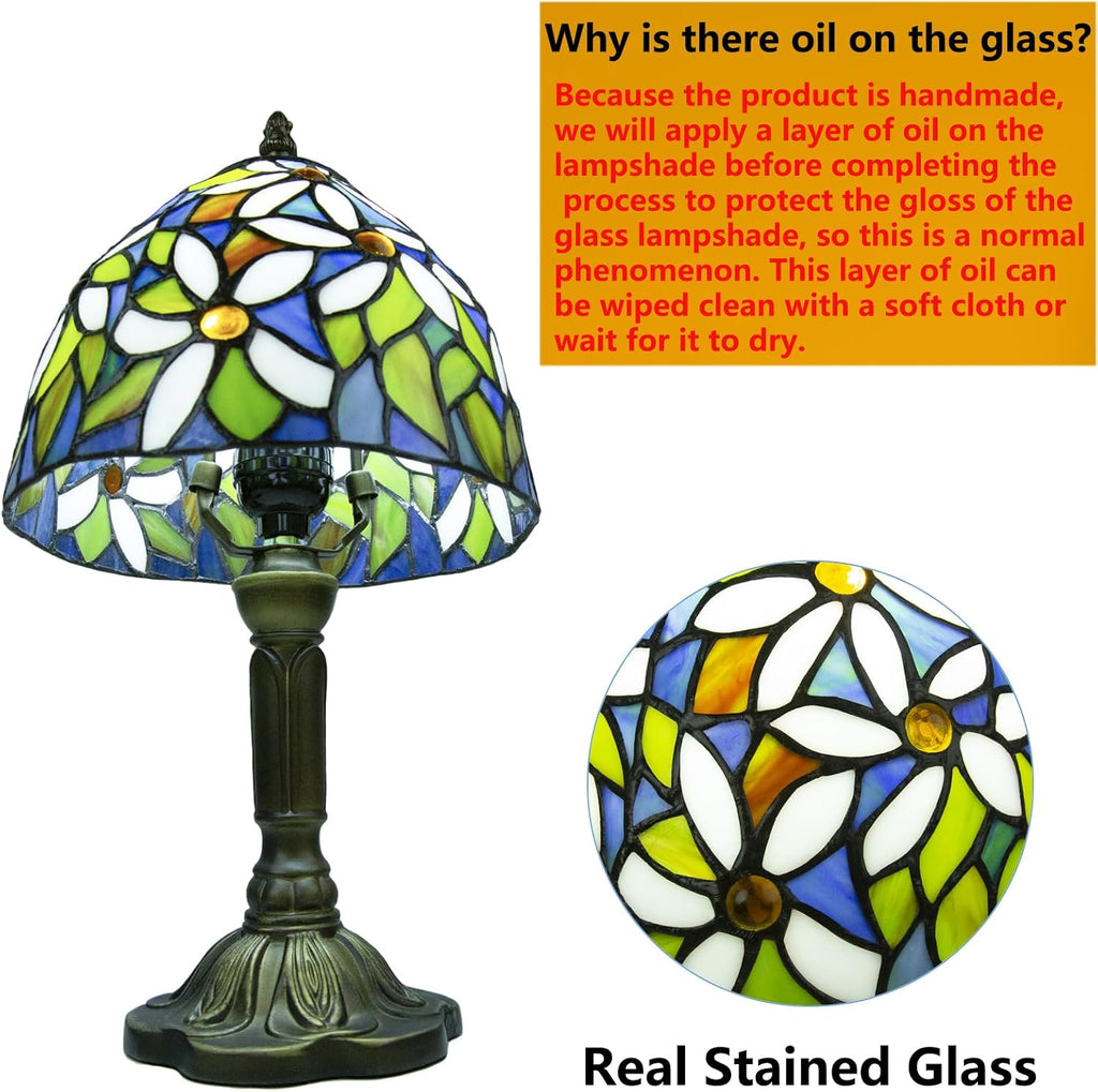 Small Tiffany Style Stained Glass Table Lamp, 8 Inch, White Daisy Pattern