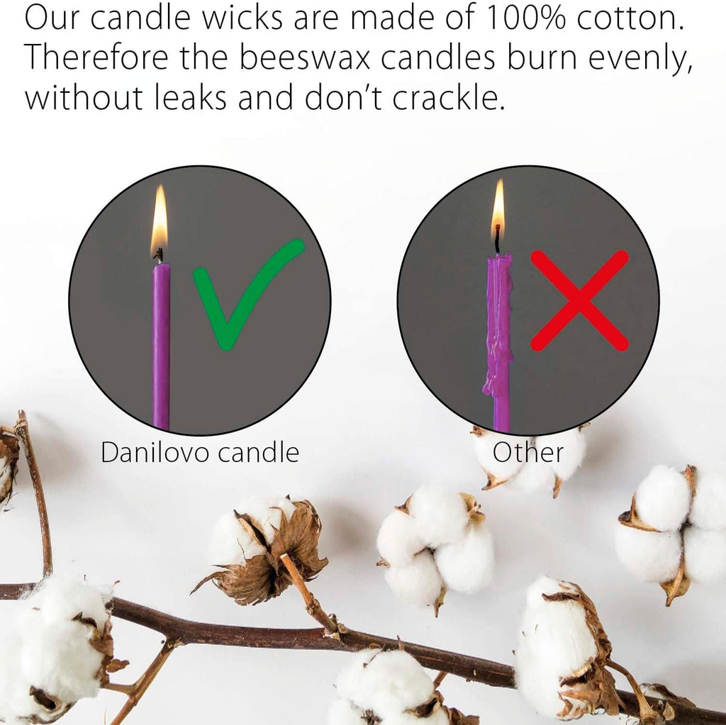 Danilovo Thin Taper Beeswax Candles - No-Drip, Smoke-Less, Tall, Decorative, Honey Scented Candles Ideal for Church Prayer, Rituals, Decor or Birthday – 6.3”x0.2” (Purple, 100pcs)