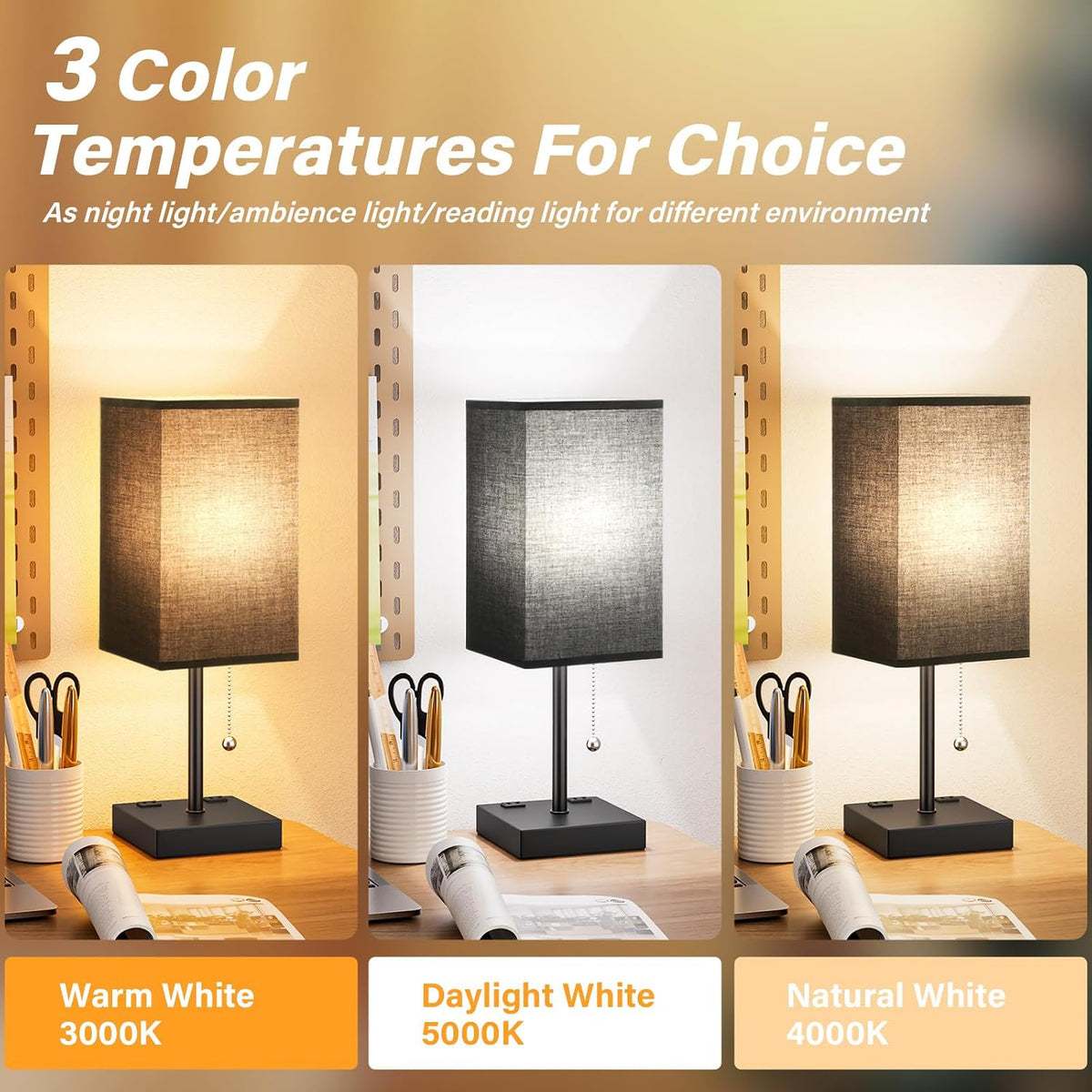 Black Lamp for Bedroom - 3 Color Temperatures, USB A+C, 2 AC Outlets