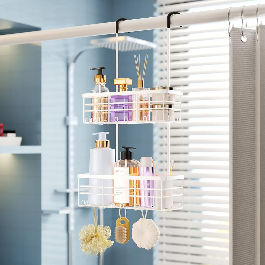 HapiRm Hanging Shower Caddy Organizer - No Drilling Shower Organizer with Hooks, Rustproof & Waterproof 304 Stainless Steel Bathroom Shelves - White