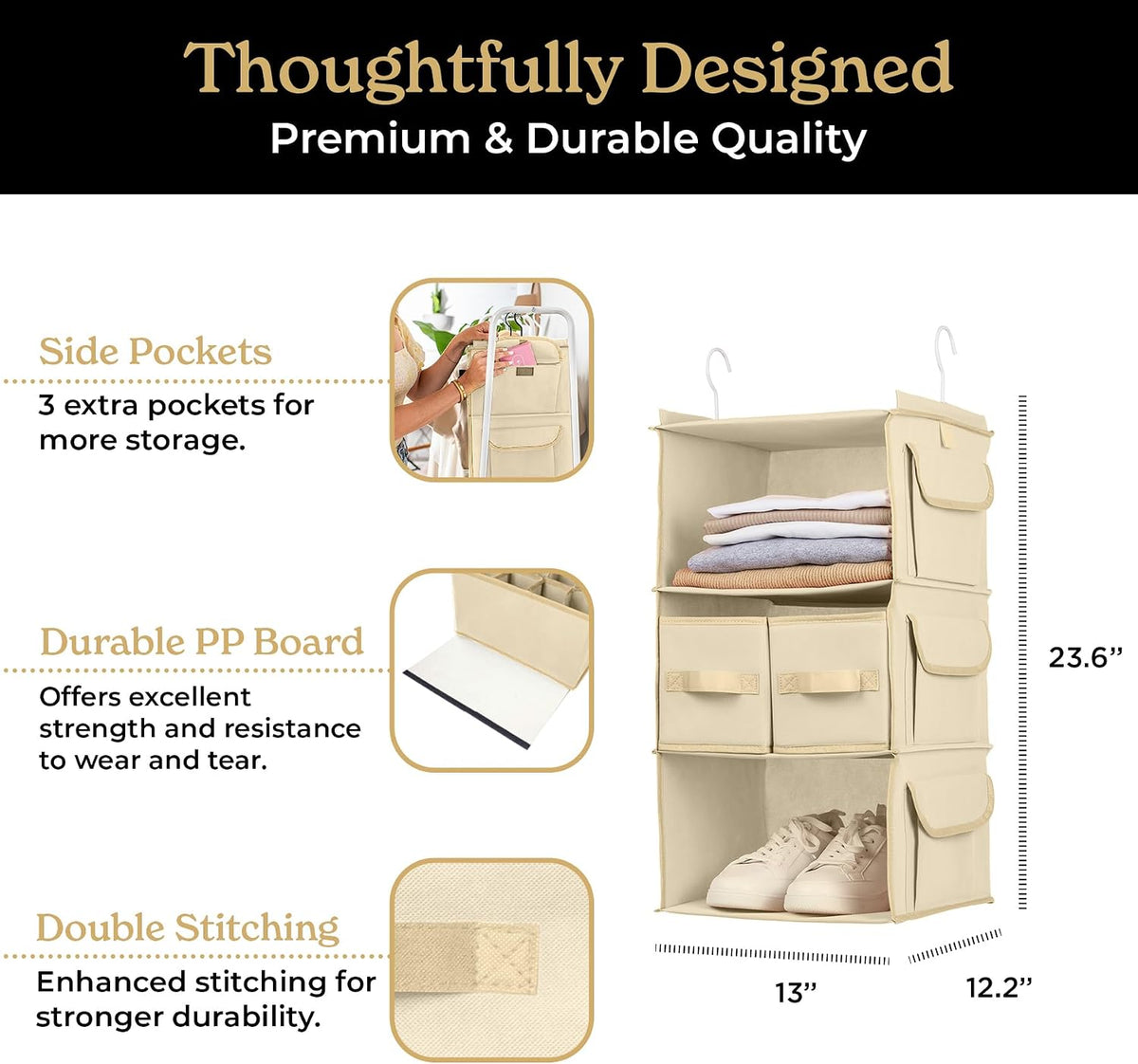 SMIRLY 3-Shelf Hanging Closet Organizer - Hanging Shelves for Small Closets, Sweater Storage