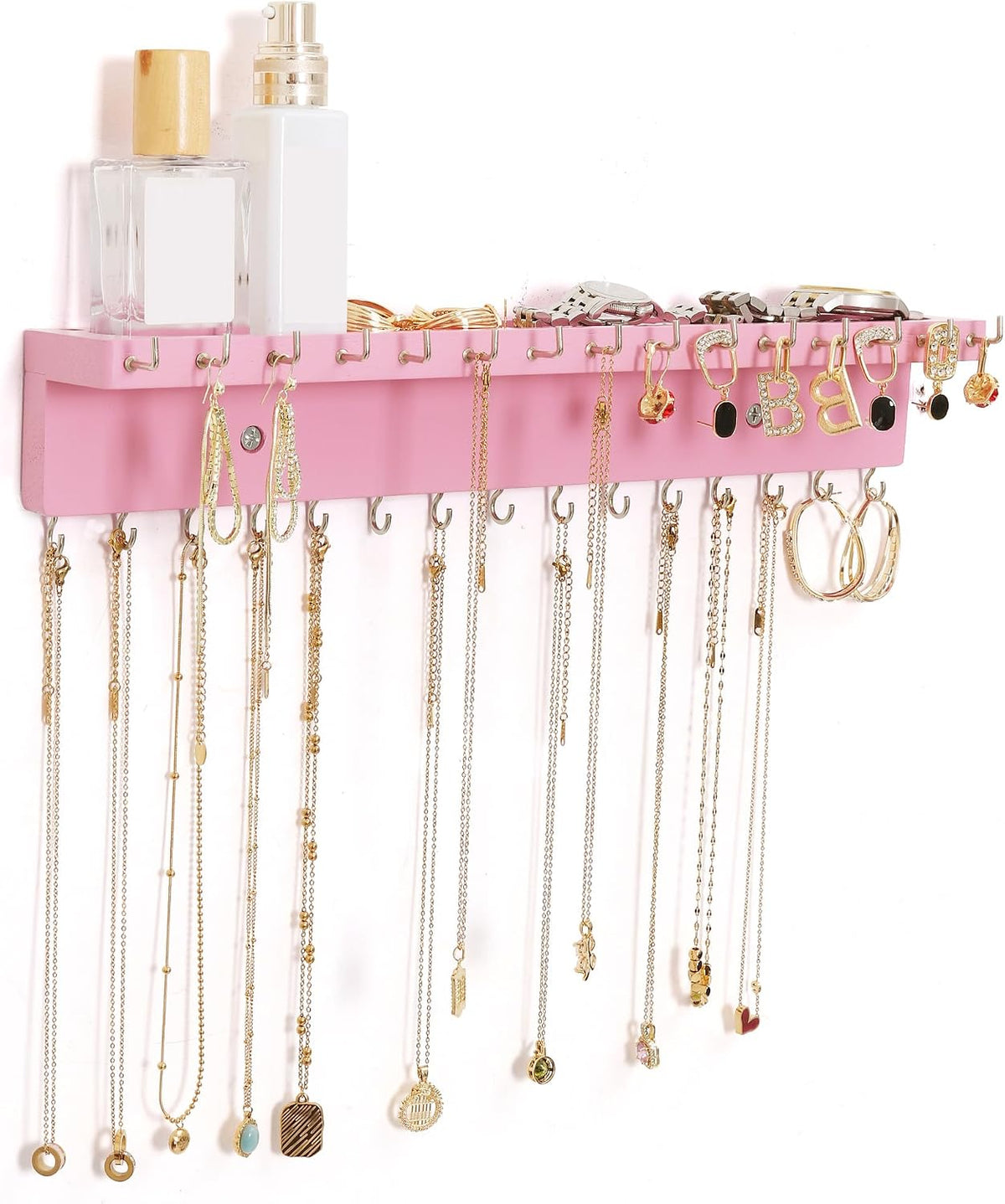Necklace Holder Wall Mount,Jewelry Organizer with 30 Hooks,Pink