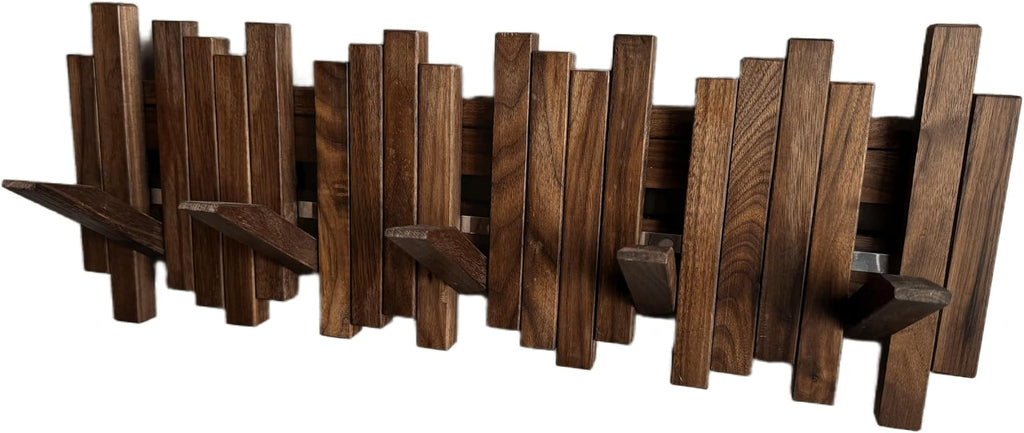 Natural Wood Wall Mounted Piano Coat Rack| Coat Rack Wall Mount| Flip Down Wall Hook Rack 5 Hooks| Entryway Wall Storage with Hooks,Made of Black Walnut.Wall Art