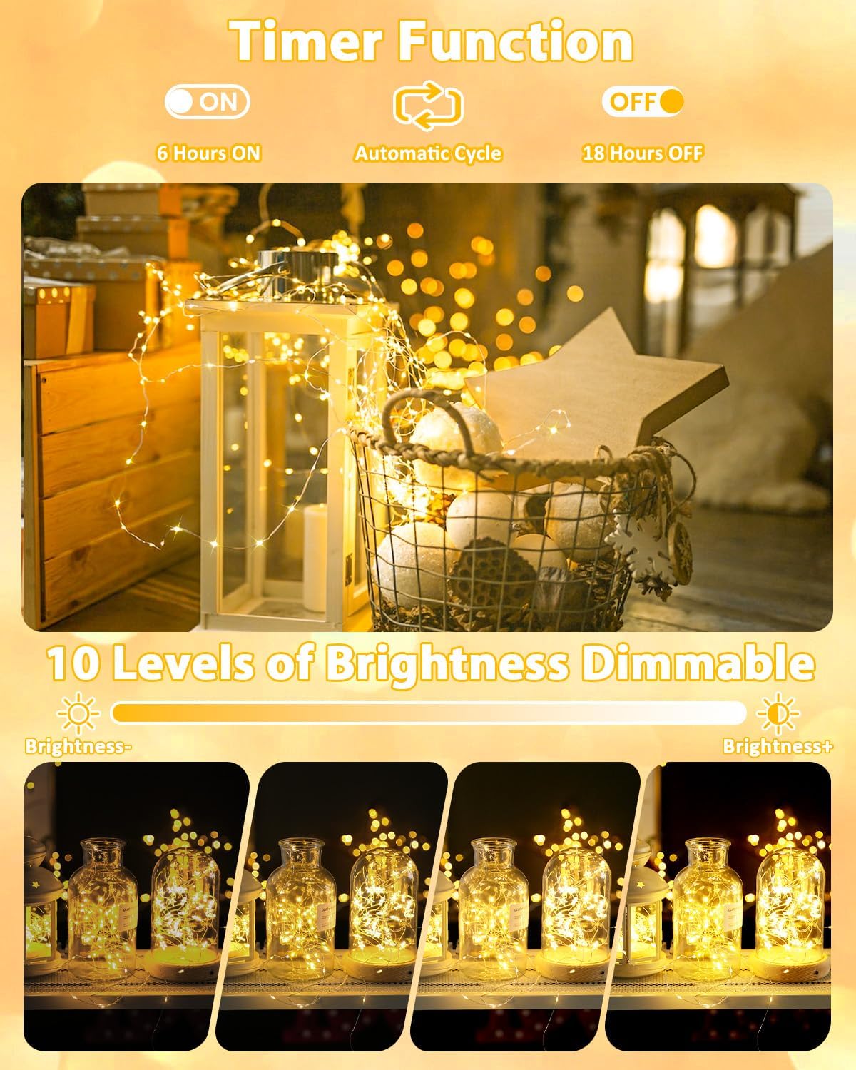 4 Pack 60 LED Fairy Lights Battery Operated with Remote, 20 FT Warm White