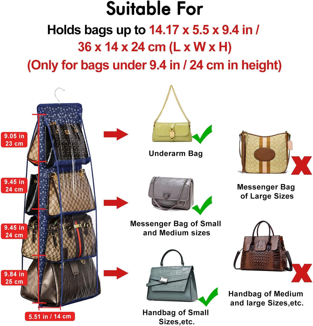 Lirex Handbag Hanging Purse Organizer for Closet, 8 Pocket Handbag Storage Organizer Hanger Oxford Cloth Closet Organizer for Family Closet Bedroom, Foldable and Universal Fit, Blue White Floral