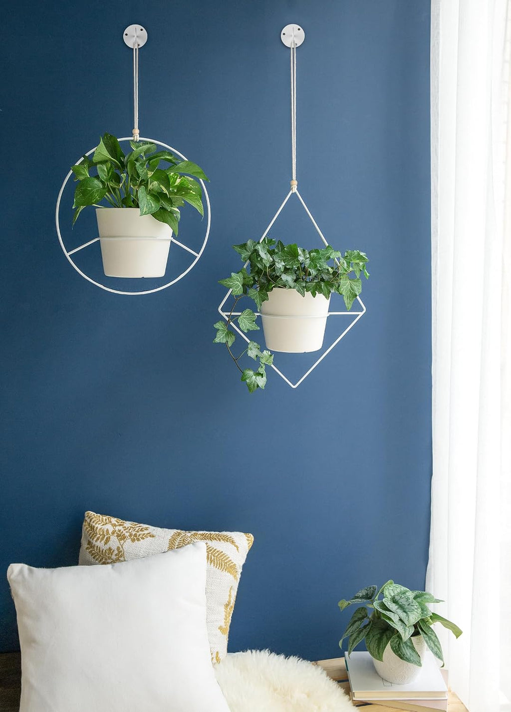 Mkono Macrame Plant Hangers Indoor Hanging Planter Basket and Ceiling Hooks, Decorative Flower Pot Holder No Tassels for Indoor Outdoor Home Decor, Ivory