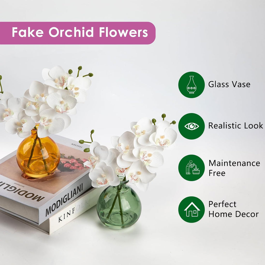 Oairse White Orchids Artificial Flowers Faux Orchid Arrangement with Light Green Glass Vase Set of 2 Real Touch Phalaenopsis Orchid Flowers Orchid Centerpiece for Dining Room Table