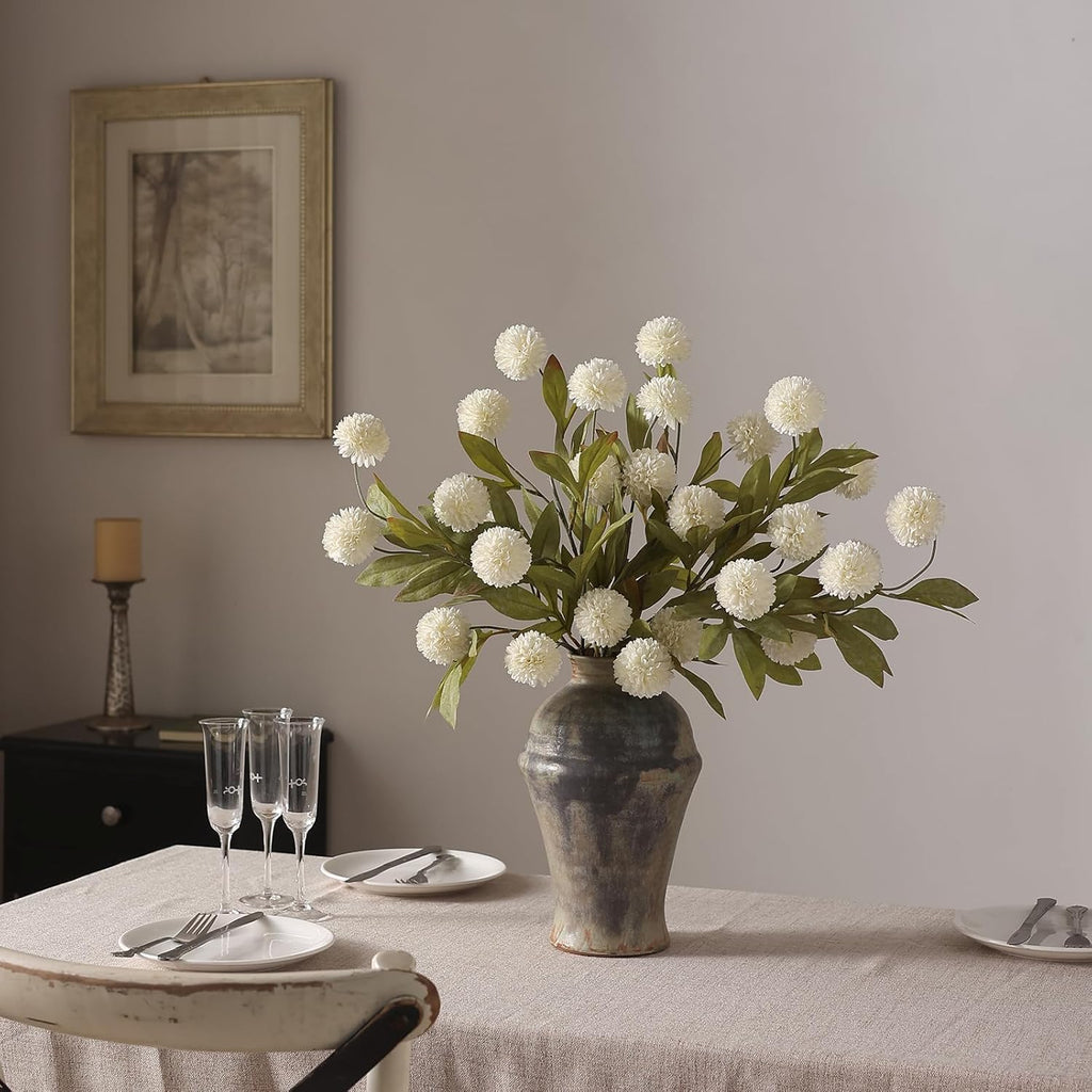6Pcs 27"Artificial Pompon Mum Stems Silk Flowers for Vase Decor(Cream)