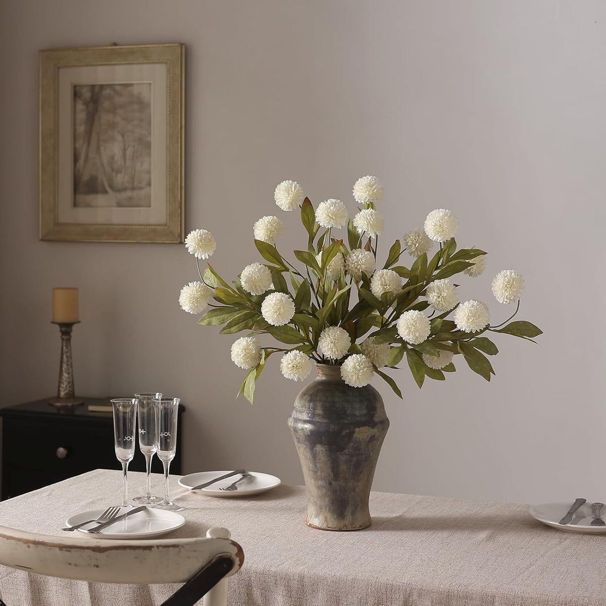 6Pcs 27"Artificial Pompon Mum Stems Silk Flowers for Vase Decor(Cream)