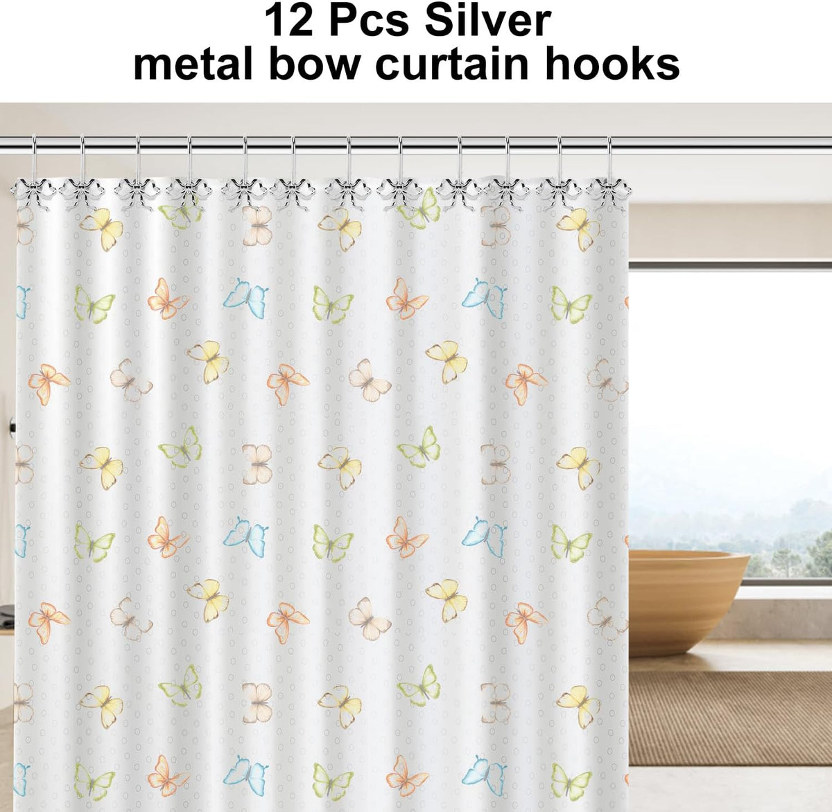 Bow Shower Curtain Hooks, 12-Pack Silver Metal Decorative Bow Knot Rings