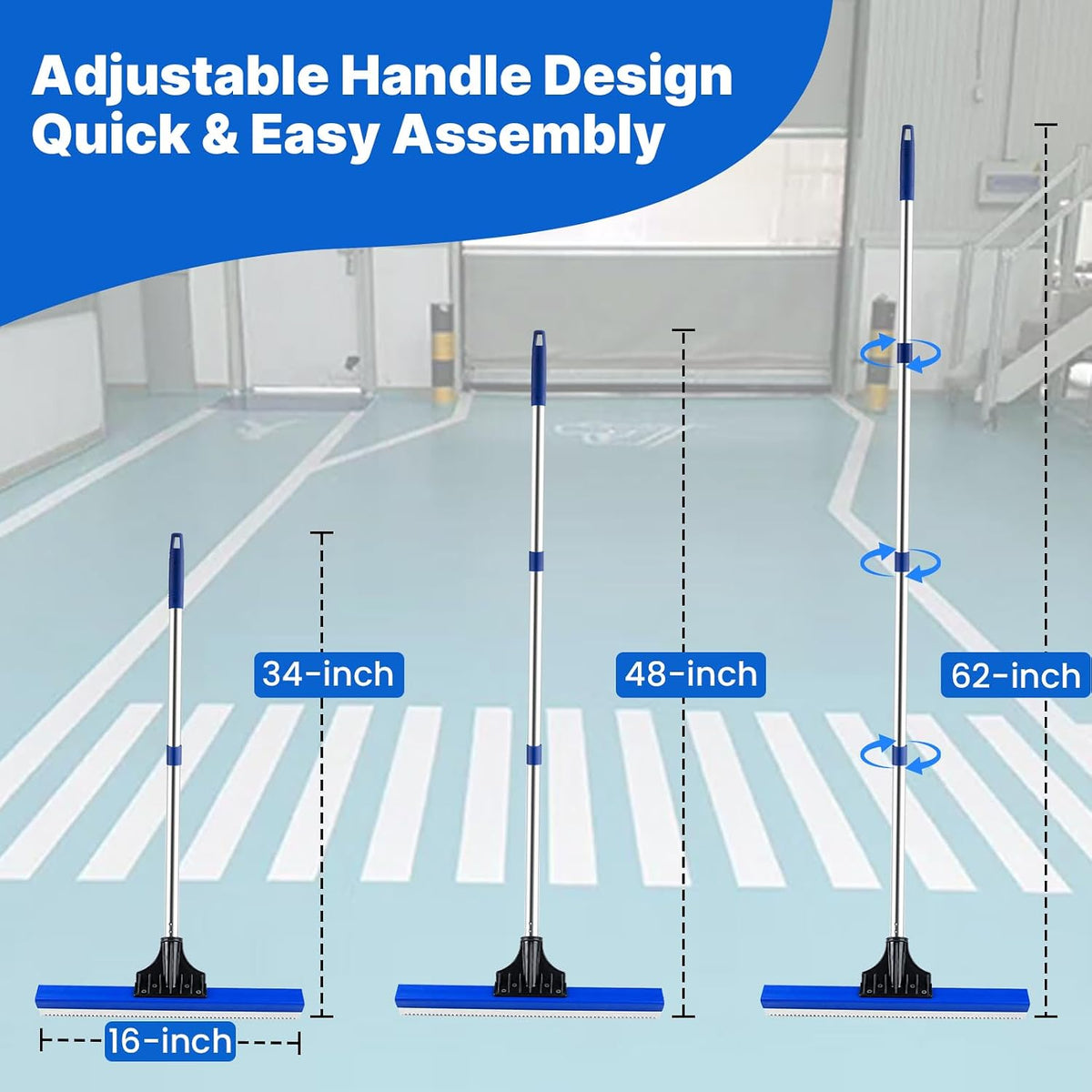 16" Notched Epoxy Floor Squeegee with 62" Long Handle for Coatings, Sealers
