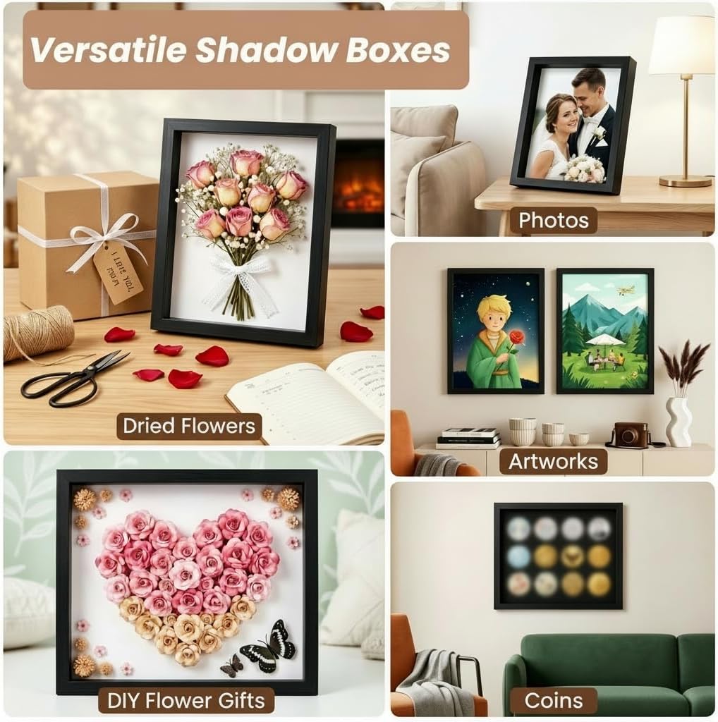 4 Pack Shadow Box Frame Display Cases, 8"x10" Wood Shadow Boxes