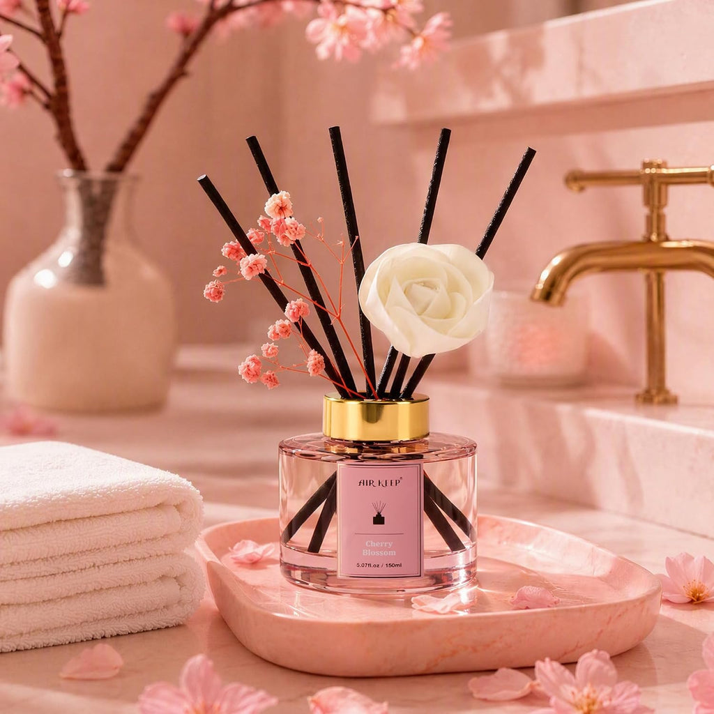 Airkeep Flower Reed Diffuser Set, Cherry Blossom Diffuser Set, 5.07 Fl.oz (150ml), Home Fragrance, Bathroom, Bedroom & Home Décor, Air Freshener