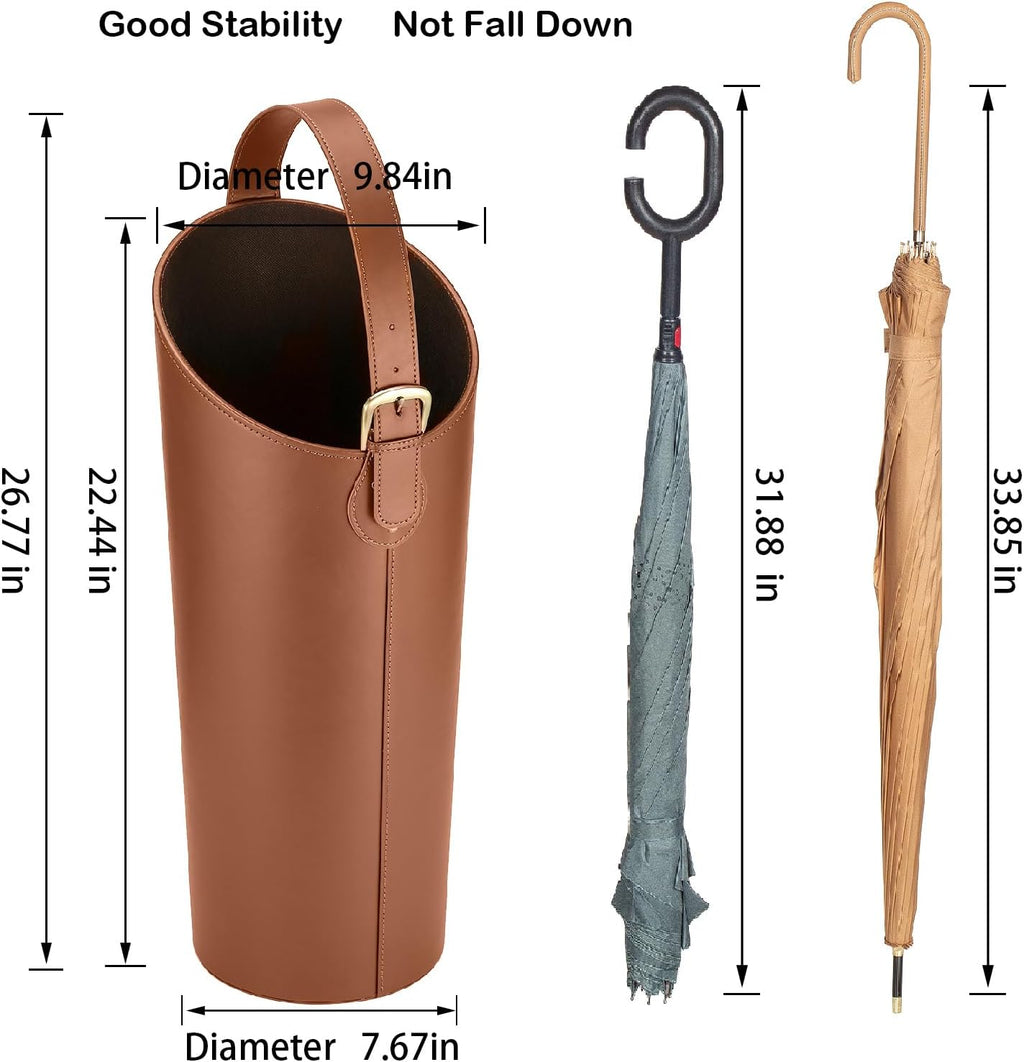 Brown Artificial Leather Tall Umbrella Holer Entryway Indoor for Business Office,22.4 Inch Umbrella Stand Entryway with Removable Water Tray 2 Hooks