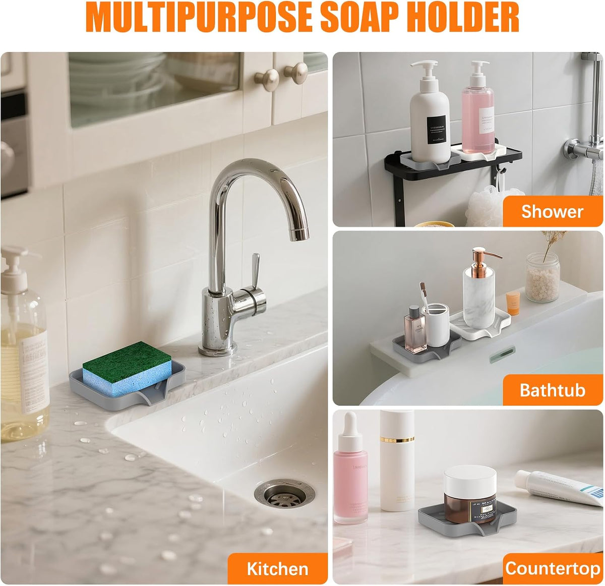 2 Pack Silicone Soap Dish for Shower with Self Draining Grey & Beige White