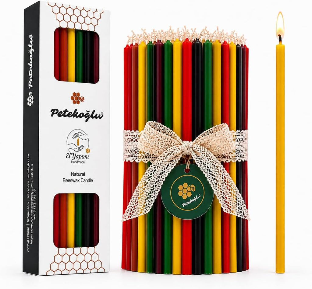 Petekoğlu 100% Natural Beeswax Candles (40 Pack) – Thin Taper Multi Color Set (20 cm) for Birthday, Church, Prayer, Christmas & Home Decor