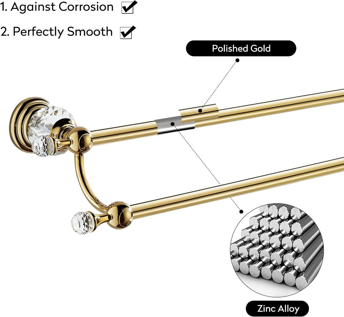 WINCASE Crystal Towel Holder Double, Adjustable Gold Towel Bar 18 to 30 Inch, Towel Rack Rail for Bathroom Wall Mounted