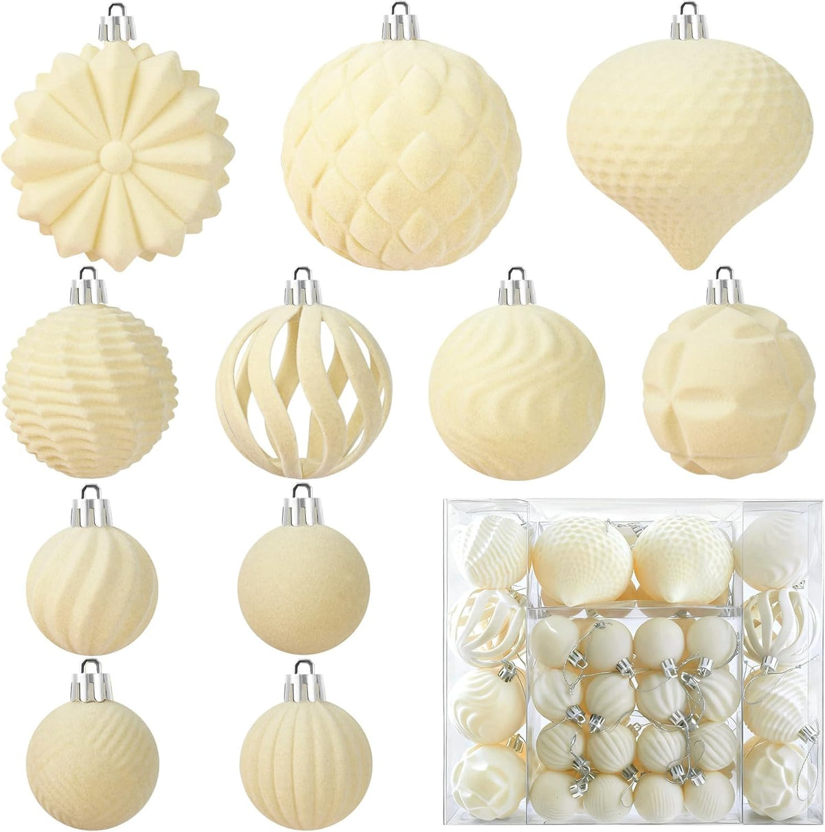 48 Pcs Velvet Christmas Ball Ornaments Set for Xmas Tree Decor(Cream Yellow