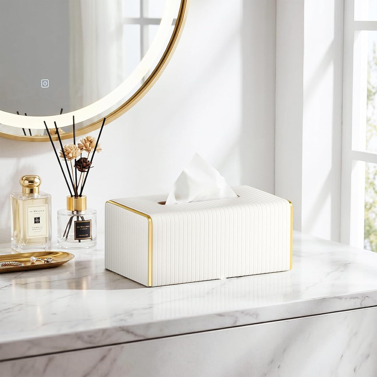 PU Leather Rectangle Tissue Box Cover, White, Long Tissue Box Holder