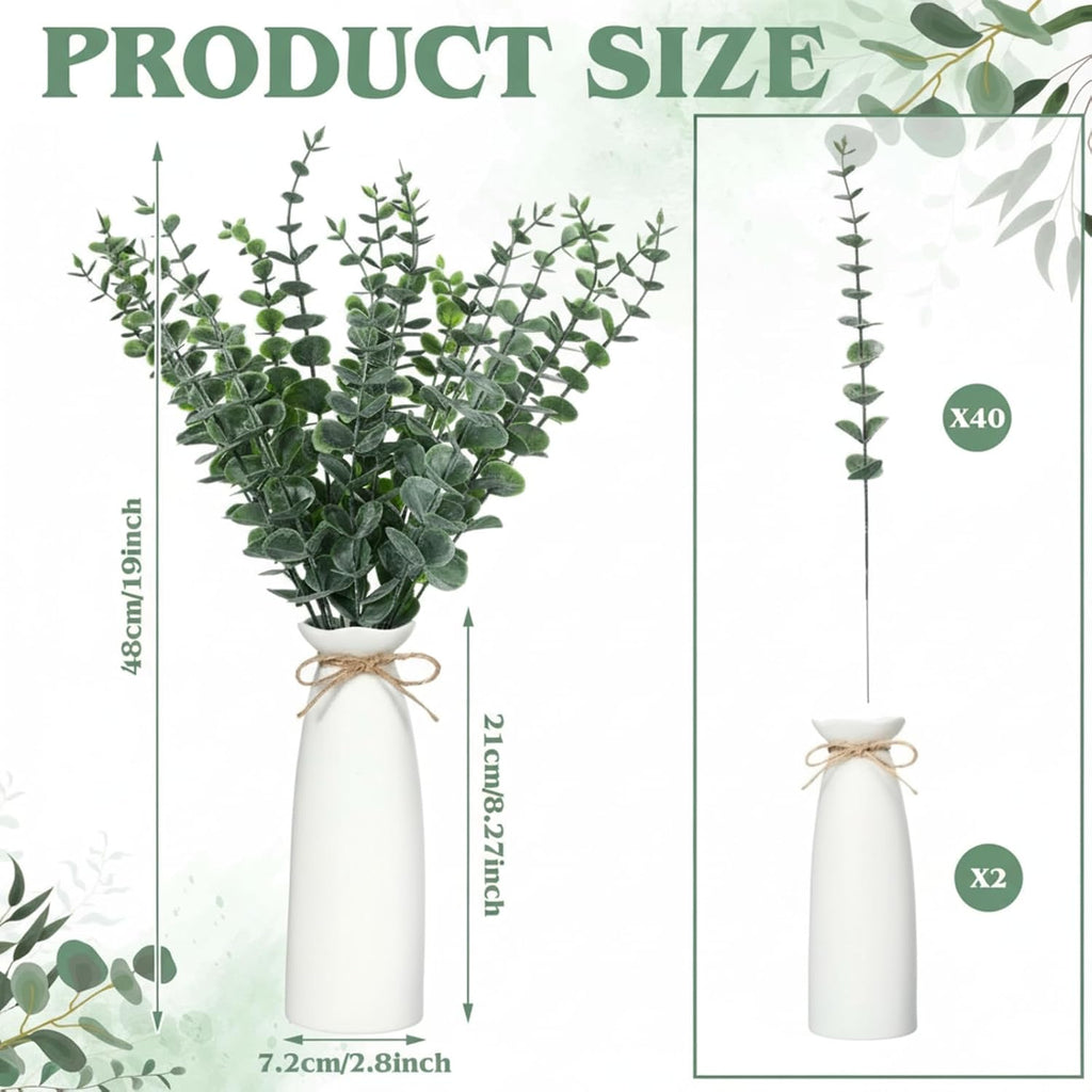 LemonRoad 2 Pack Artificial Eucalyptus Stem in White Ceramic Vase 19" Fake Greenery Plants for Home Decor 40 Pcs Modern Indoor Fake Eucalyptus Stem for Table Centerpiece Living Room Bathroom