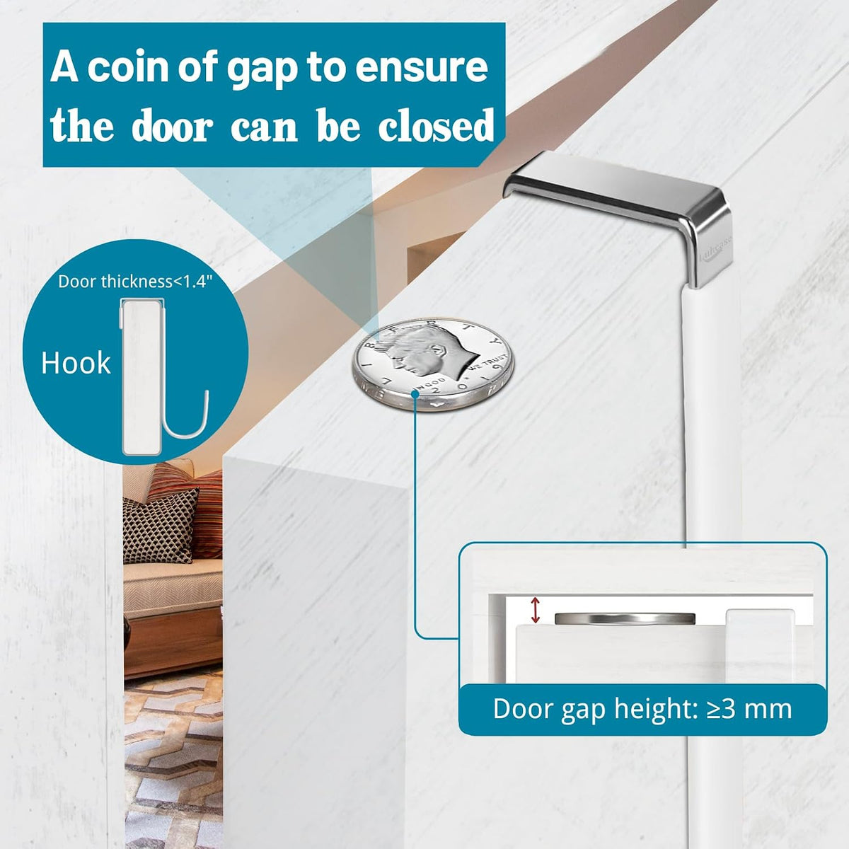 Over The Door Hooks, 4 Pack Steel Door Hangers Hook w/Rubber Coating, Fit 0.7''-1.4'' Door Width, Organizer for Living Room, Bedroom, Bathroom, Kitchen Hanging Clothes, Towels, Hat, Bag