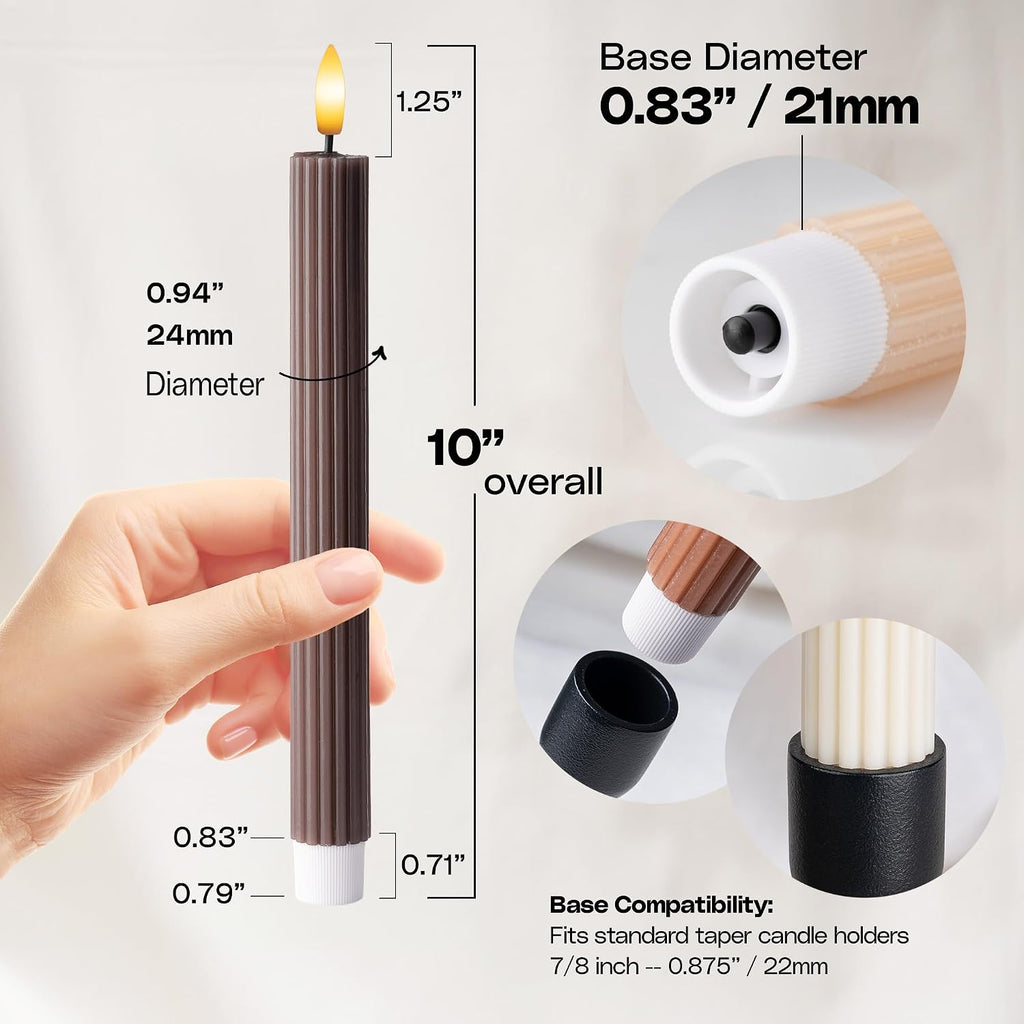 Coordinated Chocolatey Mocha Brown 4 Pack, 10" Real Wax LED Flameless Fluted Ribbed Grooved Taper Candles, Remote & Timer Memory, On/Off Button, Dimmable, Battery Operated, Menorah Wedding