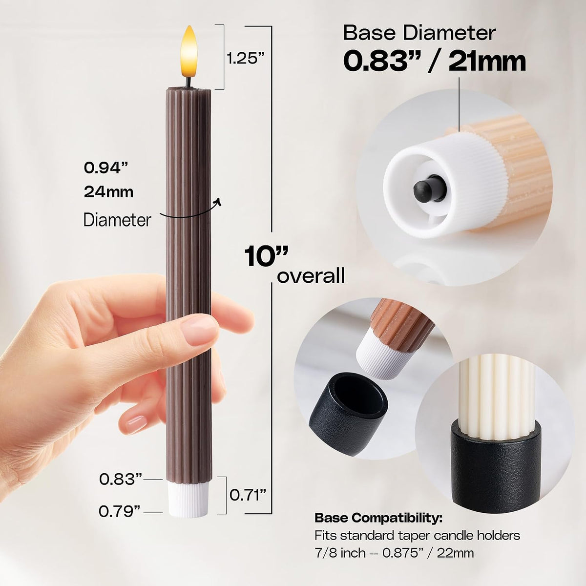 Coordinated Chocolatey Mocha Brown 4 Pack, 10" Real Wax LED Flameless Fluted Ribbed Grooved Taper Candles, Remote & Timer Memory, On/Off Button, Dimmable, Battery Operated, Menorah Wedding